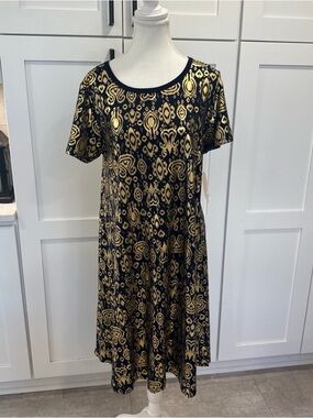 NWT LuLaRoe Carly Gold & Navy short Sleeve Printed midi Swing Dress Sz M